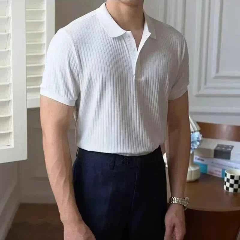 Summer Men's Clothing Retro Knit Lapel Striped Polo Shirt Solid Color Short Sleeve Fashion Light Luxury Popular Knitwear M-5XL