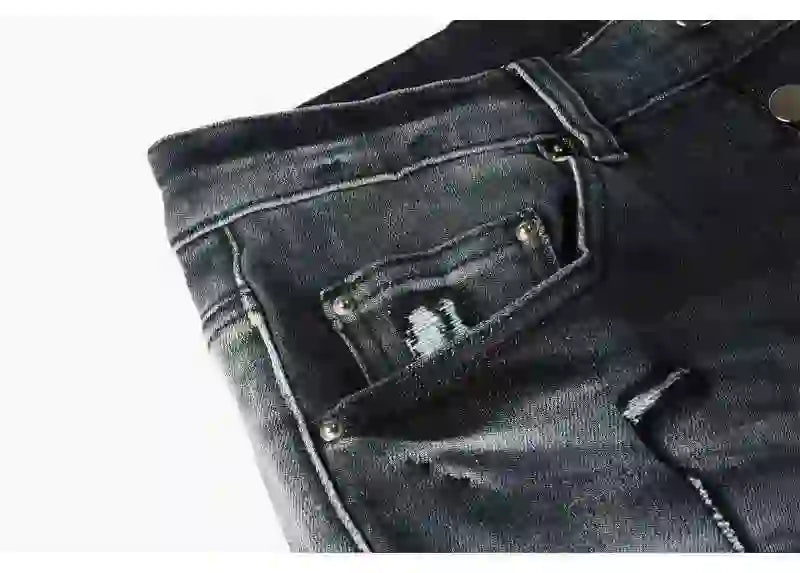 Designer fashion new denim jeans with stretch, slim fit, perforated, red patch washed, nostalgic black gray jeans, high street h
