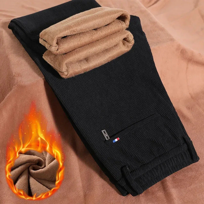 Winter Fleece Straight Men's Casual Pants Corduroy Thicken Baggy Stretch Trousers Fashion Soft Classic Keep Warm Man Clothes