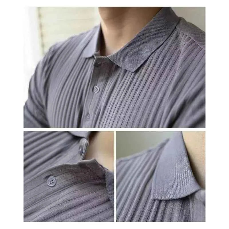 Summer Men's Clothing Retro Knit Lapel Striped Polo Shirt Solid Color Short Sleeve Fashion Light Luxury Popular Knitwear M-5XL