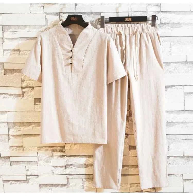 men's casual shirts (Shirt + trousers) 2025 summer men shirt Man Cotton and linen shirts Short sleeve men A set of clothes M-5XL