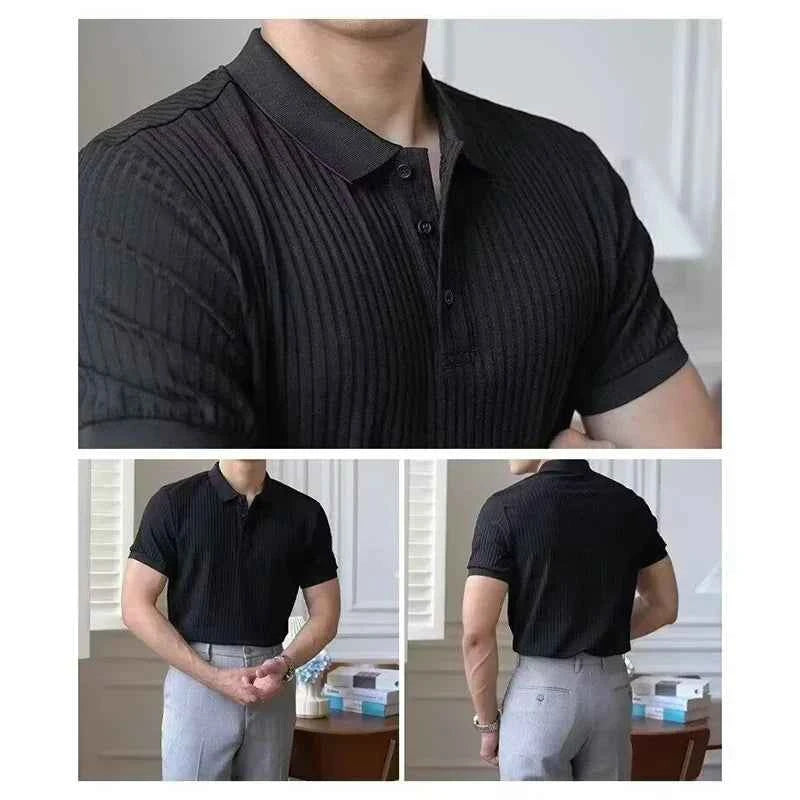 Summer Men's Clothing Retro Knit Lapel Striped Polo Shirt Solid Color Short Sleeve Fashion Light Luxury Popular Knitwear M-5XL