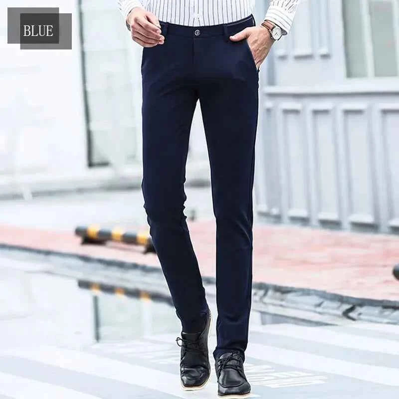 Men's Elastic Straight Pants Business Casual Long Suit Pants Male Formal Trousers Solid Colors Black BLue