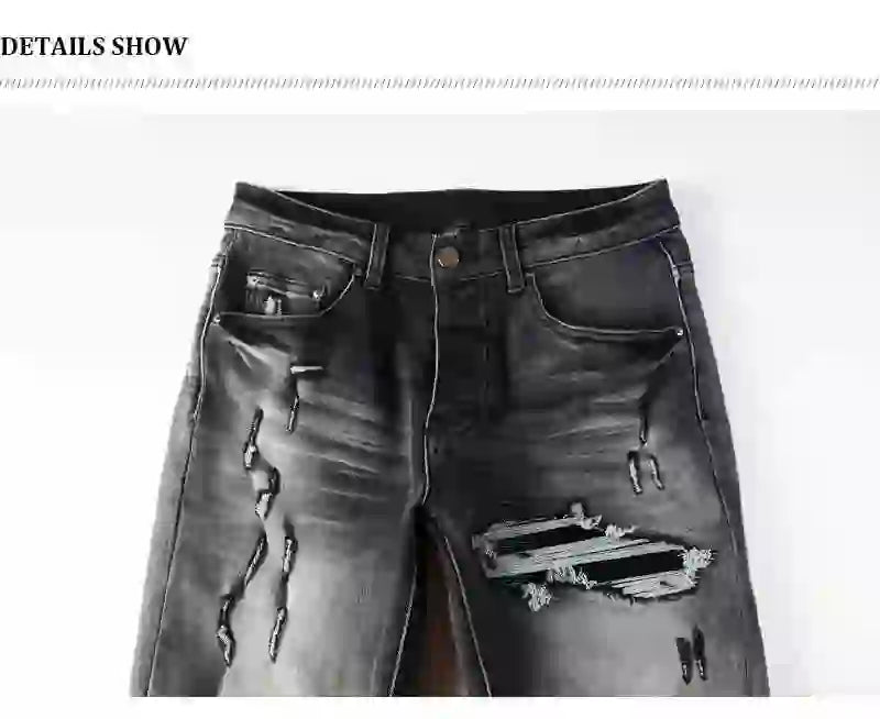 Designer fashion new denim jeans with stretch, slim fit, perforated, red patch washed, nostalgic black gray jeans, high street h