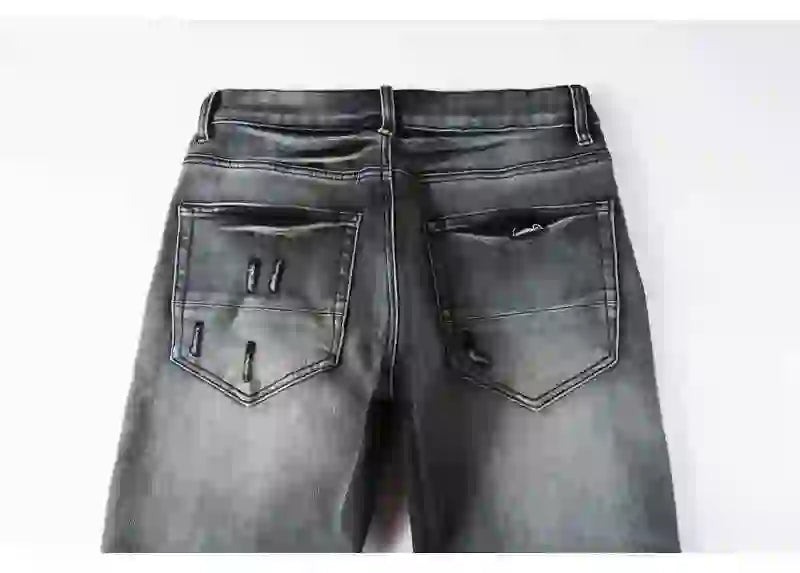 Designer fashion new denim jeans with stretch, slim fit, perforated, red patch washed, nostalgic black gray jeans, high street h