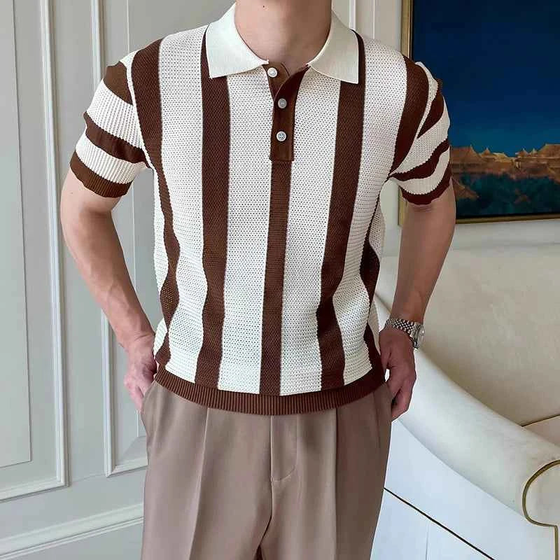 Stylish Mens Slim Short Sleeve Polo Shirts Knitting Striped Contrast Color Polo T Shirt For Men Summer New Casual Buttoned Polos
