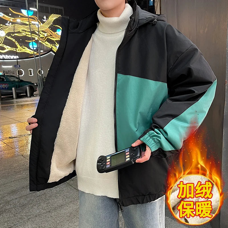 Couple Clothing Autumn Winter Men's Jacket with Fleece Hooded Patchwork Windproof Warm Women Coat