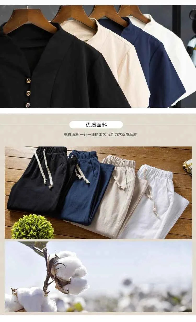 men's casual shirts (Shirt + trousers) 2025 summer men shirt Man Cotton and linen shirts Short sleeve men A set of clothes M-5XL