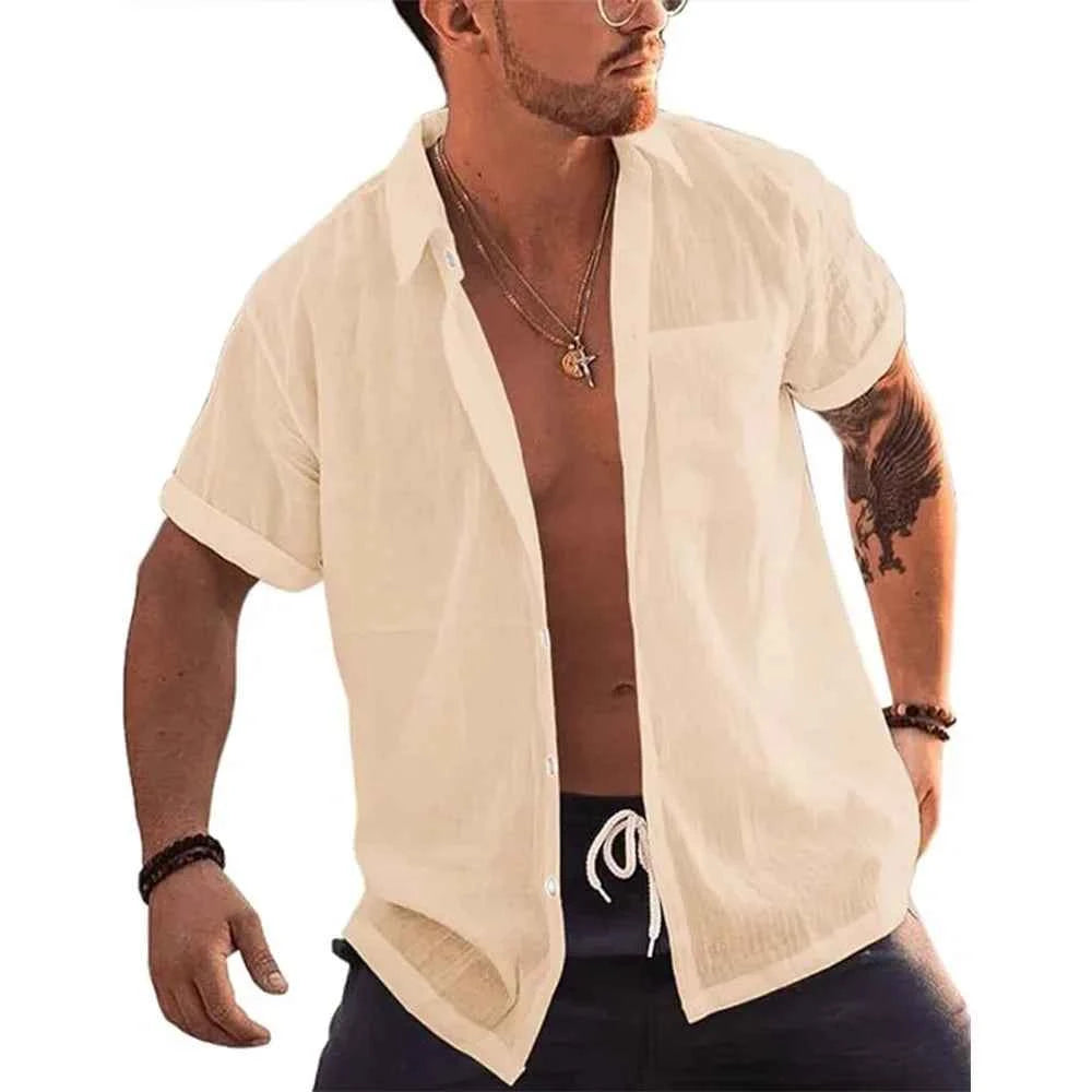 Mens Short Sleeve T-Shirts Button Up Shirts Linen Cotton Beach Tops Turn Down Collar Summer T Shirt with Pocket