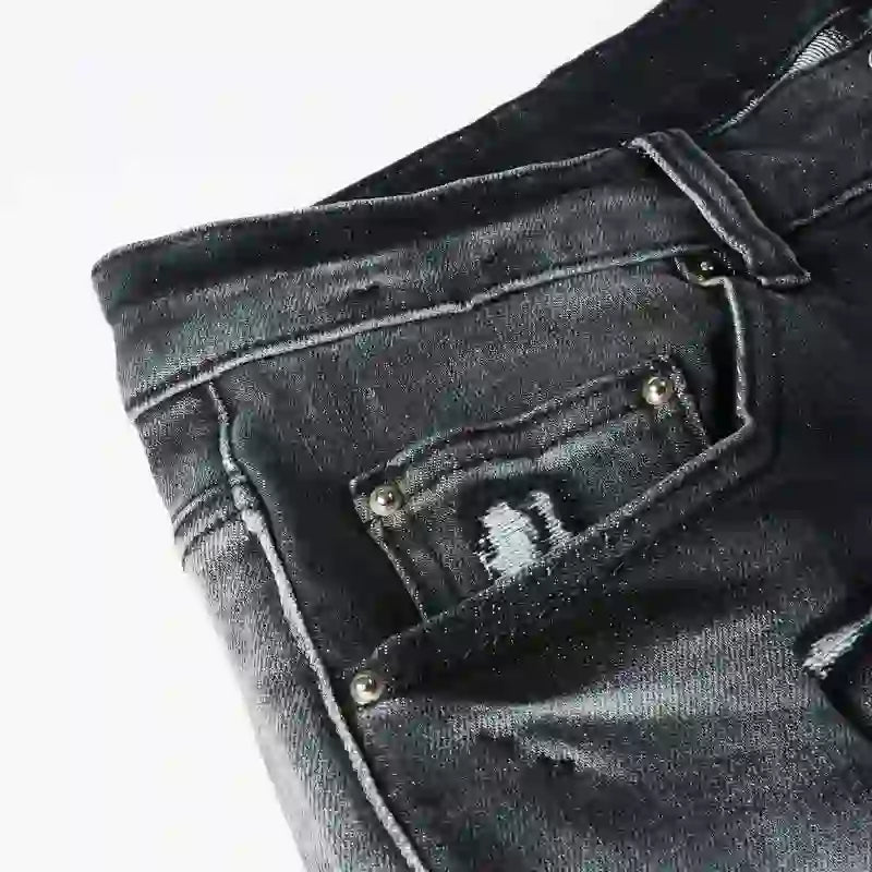 Designer fashion new denim jeans with stretch, slim fit, perforated, r