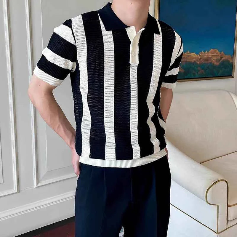 Stylish Mens Slim Short Sleeve Polo Shirts Knitting Striped Contrast Color Polo T Shirt For Men Summer New Casual Buttoned Polos