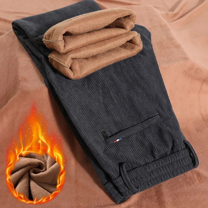 Winter Fleece Straight Men's Casual Pants Corduroy Thicken Baggy Stretch Trousers Fashion Soft Classic Keep Warm Man Clothes