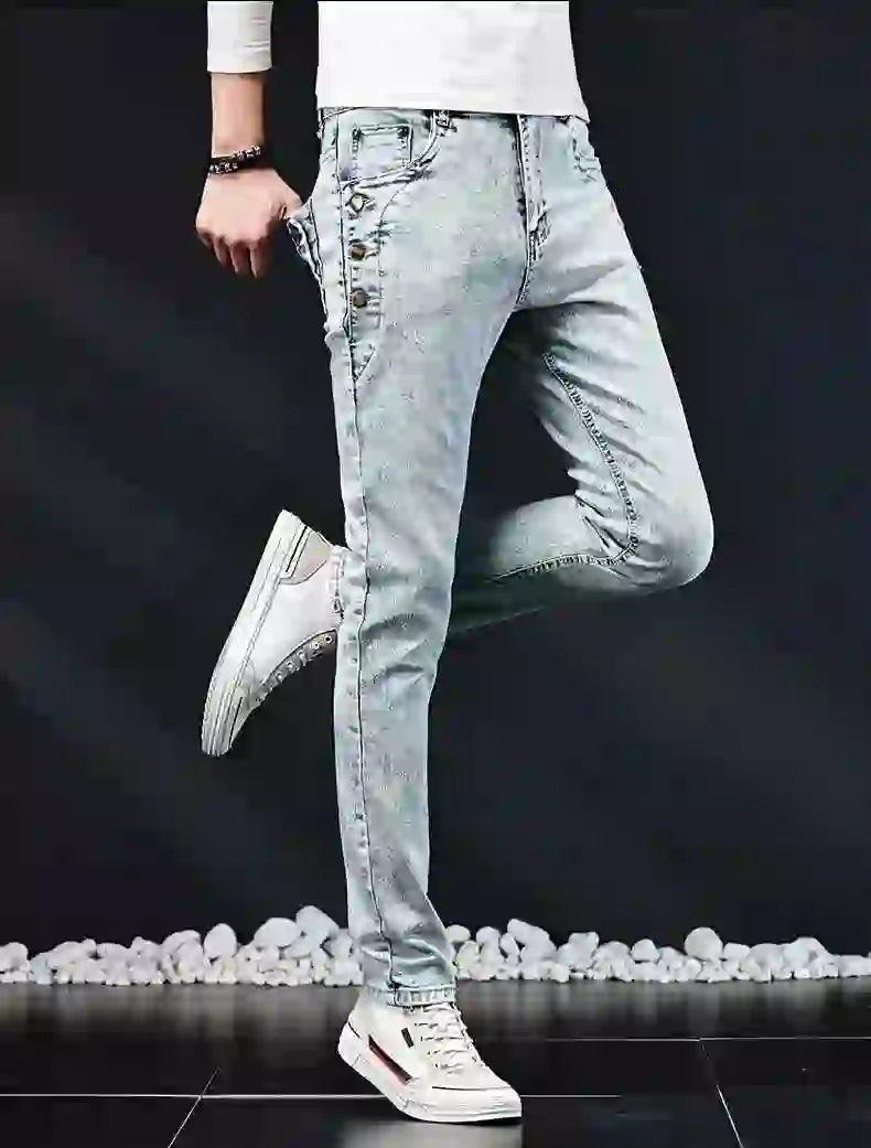 Slim Skinny Jeans Men New Elastic Korean Design Fashion Multi-Button Blue White Vintage Wash Cotton Stretch Denim Pants Trousers