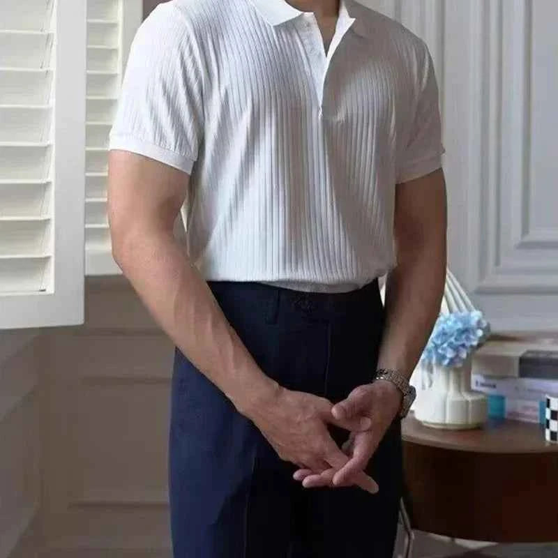 Summer Men's Clothing Retro Knit Lapel Striped Polo Shirt Solid Color Short Sleeve Fashion Light Luxury Popular Knitwear M-5XL