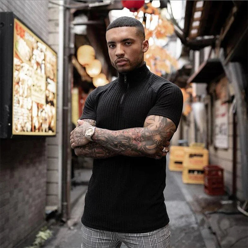 Gym Polo Shirt Men Fashion Turn Neck Short Sleeve Knitted Polos Sports