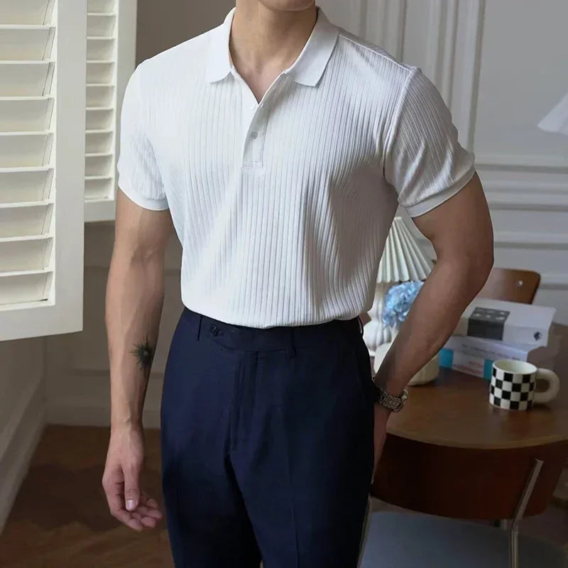 Summer Men's Clothing Retro Knit Lapel Striped Polo Shirt Solid Color