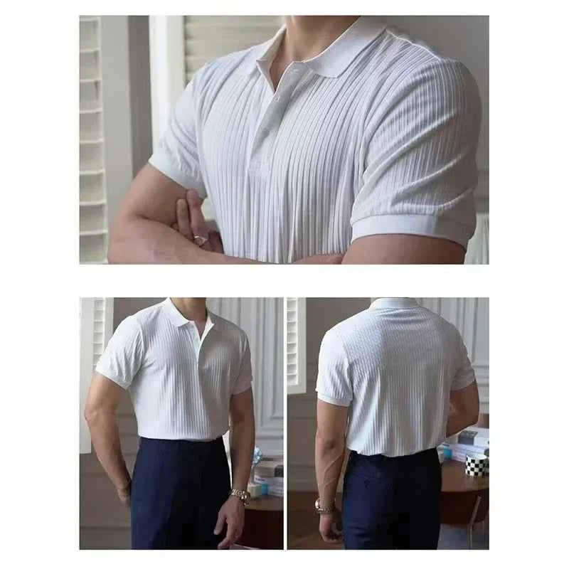 Summer Men's Clothing Retro Knit Lapel Striped Polo Shirt Solid Color Short Sleeve Fashion Light Luxury Popular Knitwear M-5XL