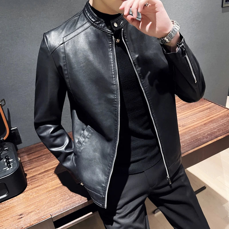 Fleece Lined Motorcycle Jacket Men Winter Autumn Casual Fashion Classic Faux Pu Leather Motorbike Jacket Men Coats Mens Clothing