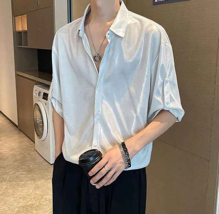 Shirts for Men Silk Plain Man Shirt Green Half Sleeve Cool Cotton Summer Xxl Slim Fit Hipster Original Asia I Fashion 2024 Sale