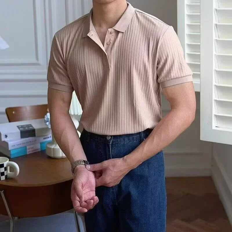 Summer Men's Clothing Retro Knit Lapel Striped Polo Shirt Solid Color