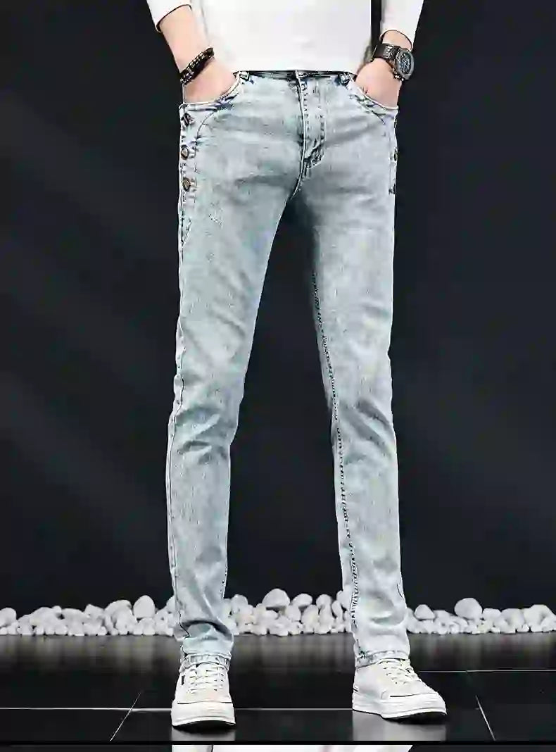 Slim Skinny Jeans Herr Nya Elastiska Koreanska Design Mode Flerknapps B