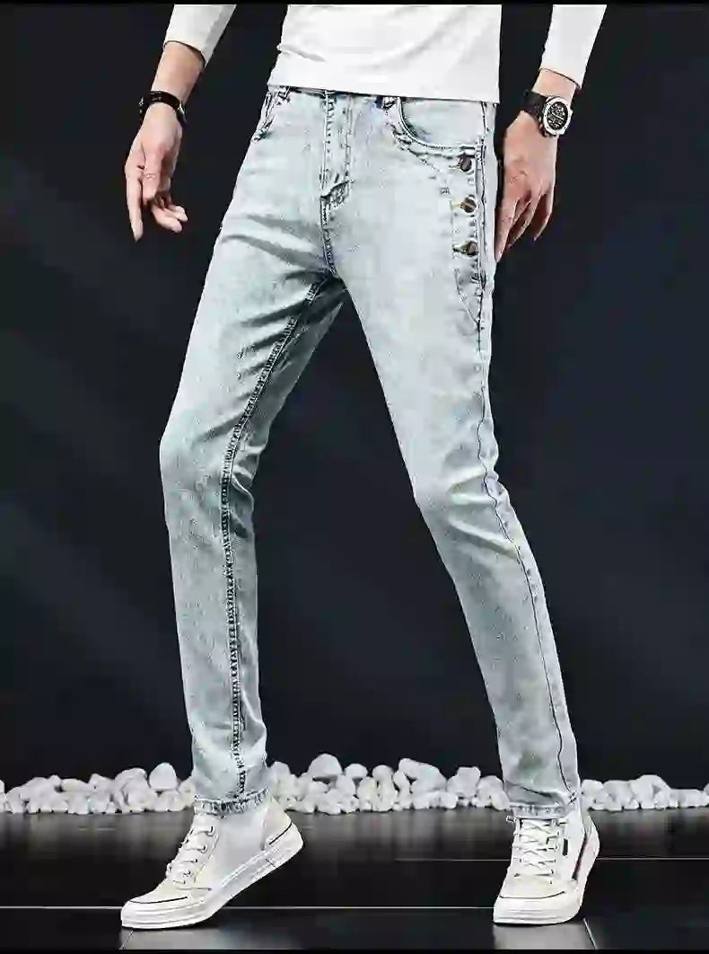 Slim Skinny Jeans Men New Elastic Korean Design Fashion Multi-Button Blue White Vintage Wash Cotton Stretch Denim Pants Trousers