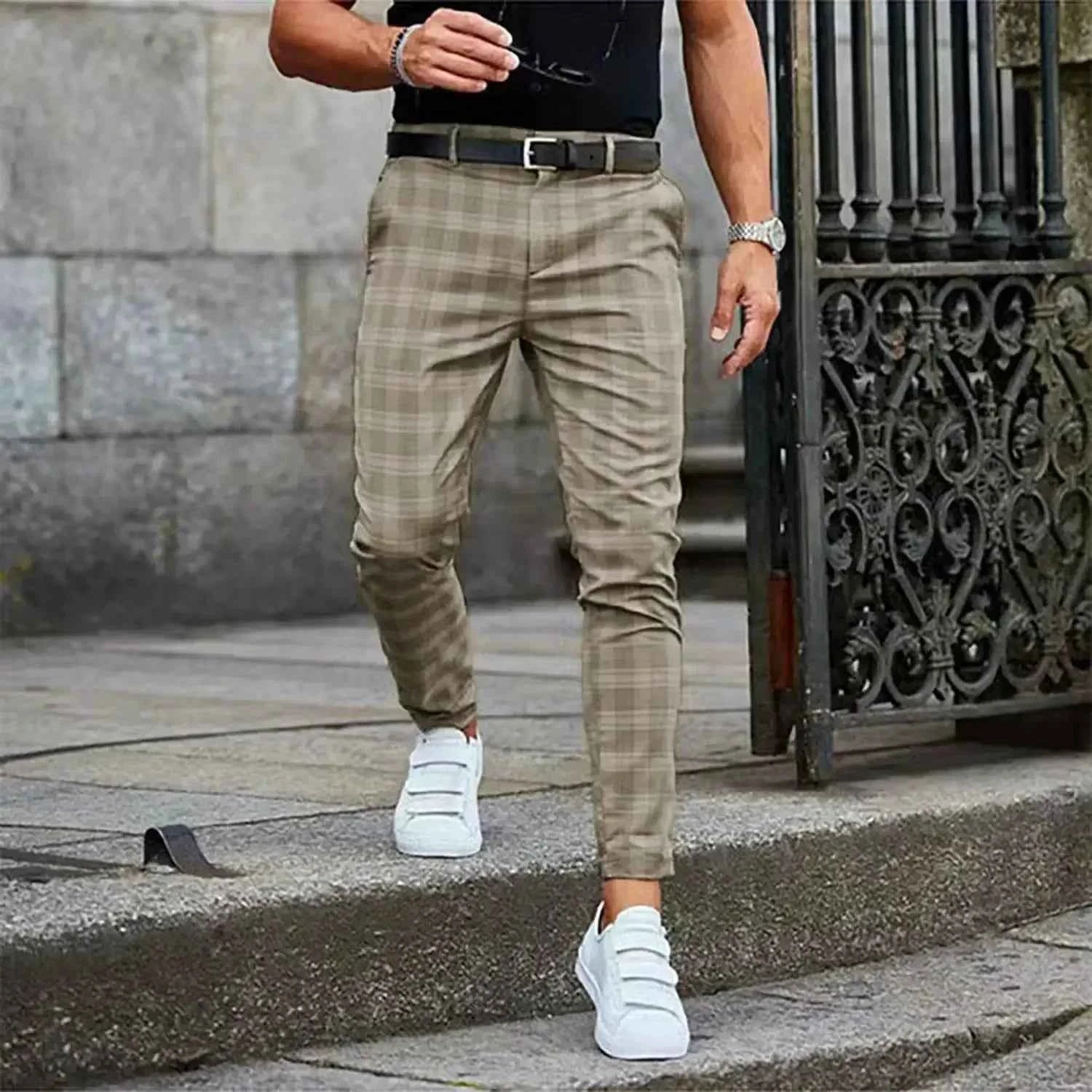 New 2025 Men's Formal Business Suit Pants Fashion Mid-waist Print Plaid Trousers Spring Autumn Comfortable Elastic Pants for Men