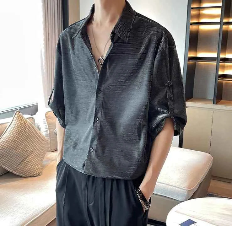 Shirts for Men Silk Plain Man Shirt Green Half Sleeve Cool Cotton Summer Xxl Slim Fit Hipster Original Asia I Fashion 2024 Sale