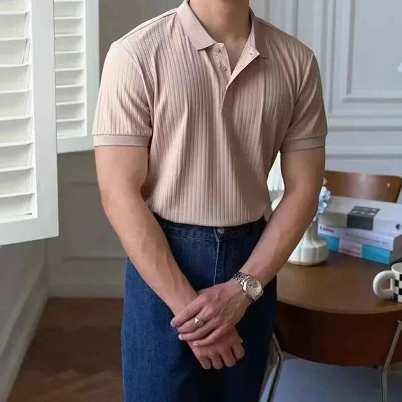 Summer Men's Clothing Retro Knit Lapel Striped Polo Shirt Solid Color Short Sleeve Fashion Light Luxury Popular Knitwear M-5XL