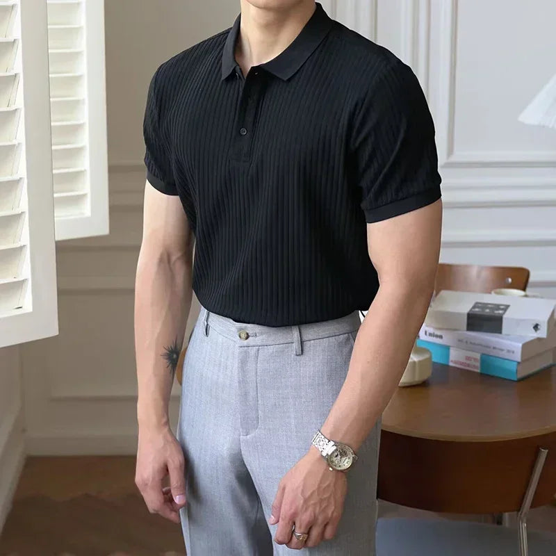 Summer Men's Clothing Retro Knit Lapel Striped Polo Shirt Solid Color