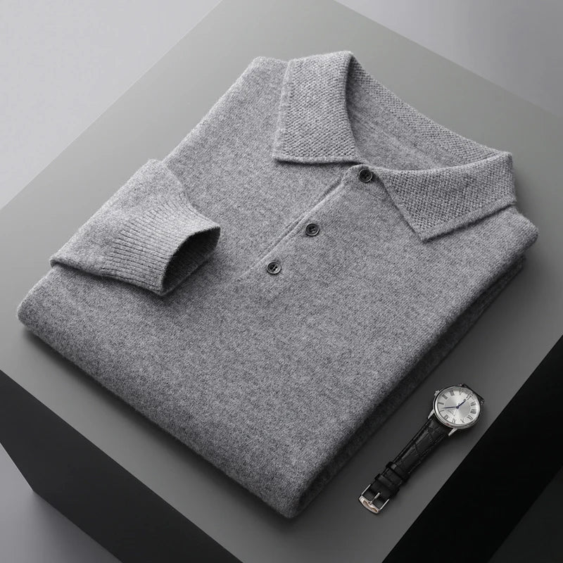 Pure Wool Sweater Men's POLO Neck Three-Button Loose Business Casual Medium Thick Warm Long-Sleeved Cashmere Large Knitted Shirt