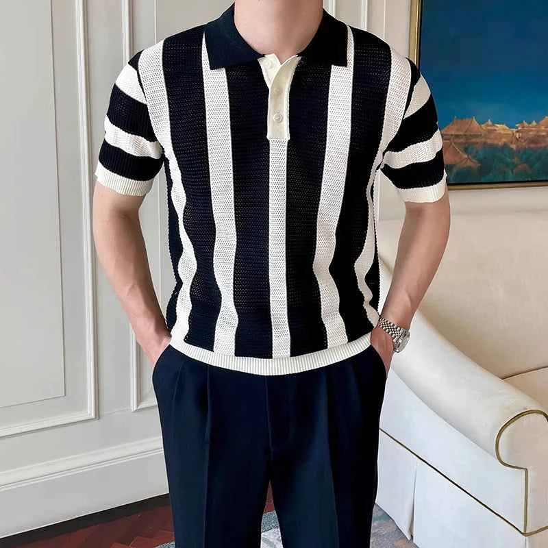Stylish Mens Slim Short Sleeve Polo Shirts Knitting Striped Contrast Color Polo T Shirt For Men Summer New Casual Buttoned Polos