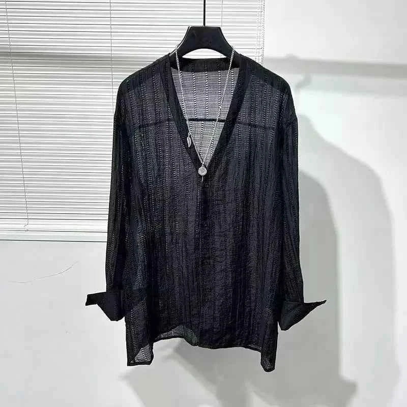 Mens Shirts Spring New Fashion Lace Long Sleeve Loose Casual T-shirt for Men