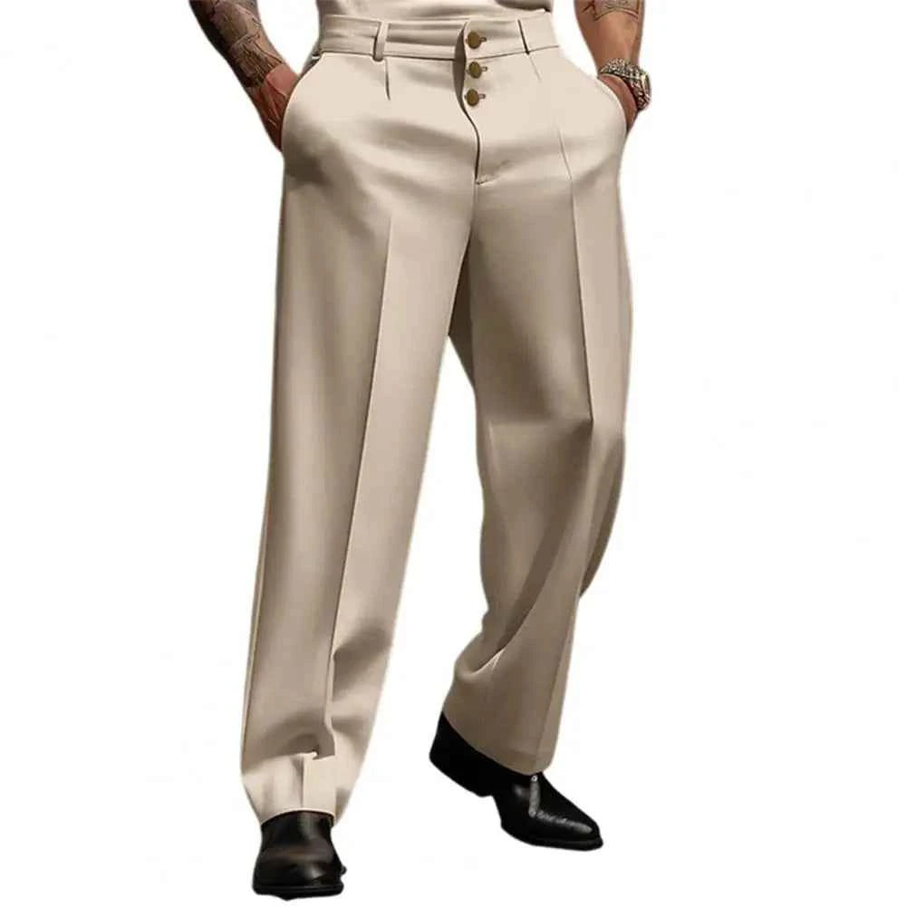 Men Suit Pants Elegant Men's Business Suit Pants with Straight Loose Fit Soft Pockets Button Closure Mid Waist Formal for Office