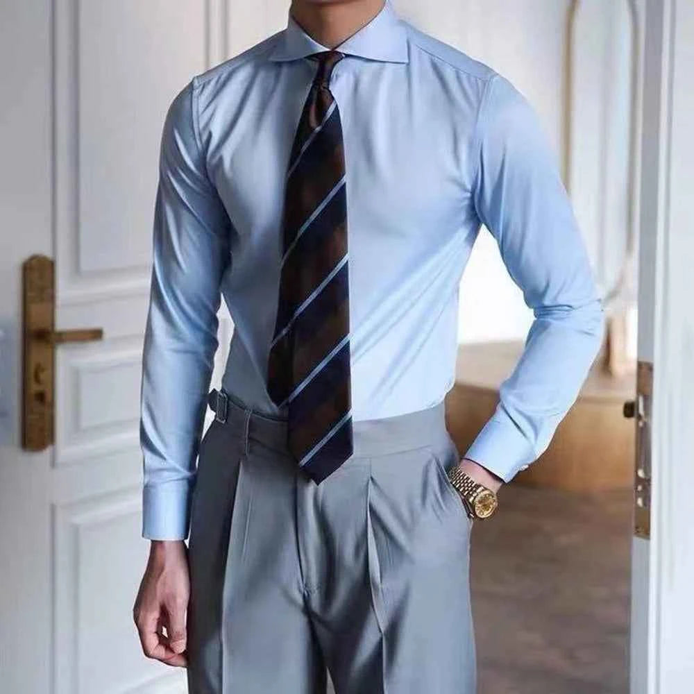 Mens Business Slim Casual Long-Sleeved Shirt 2025 Summer New Fashion Trend Solid Color Party Stage Formal Shirt Mens Clothing