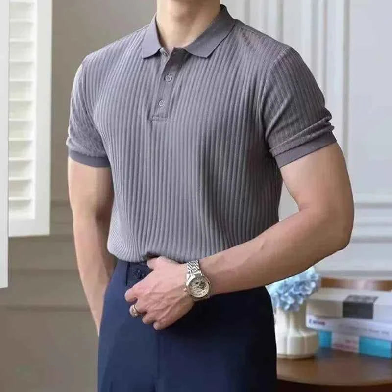 Summer Men's Clothing Retro Knit Lapel Striped Polo Shirt Solid Color Short Sleeve Fashion Light Luxury Popular Knitwear M-5XL