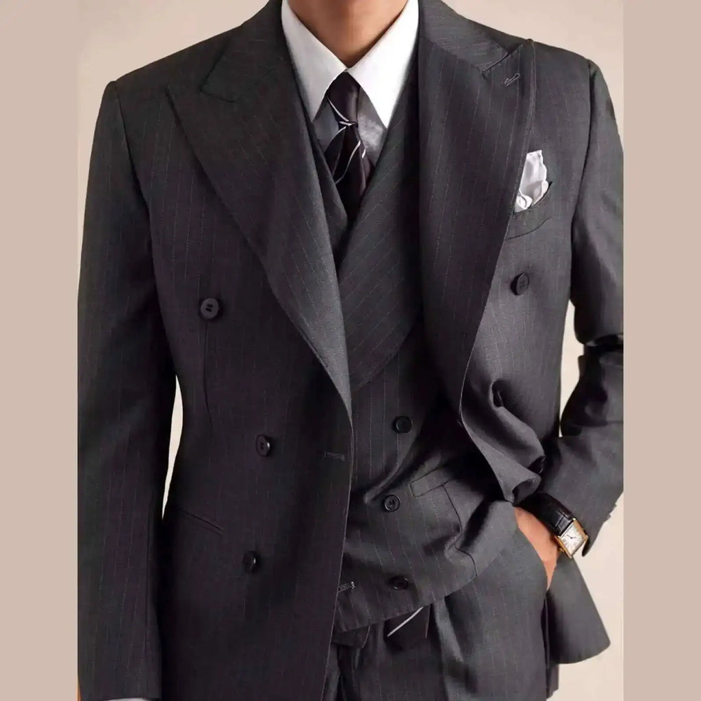 Wool Italian Blazers Suit For Men Business Double Breasted Wedding Tuxedo Suit Smoking Homme Mariage Striped Suit 3 Piece Homme