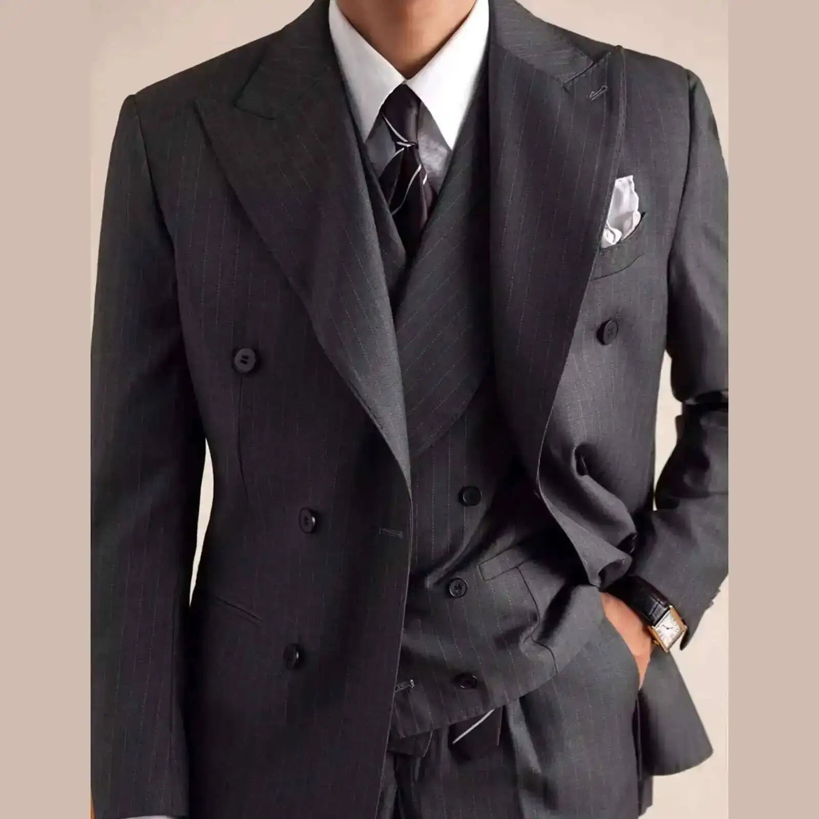 Wool Italian Blazers Suit For Men Business Double Breasted Wedding Tuxedo Suit Smoking Homme Mariage Striped Suit 3 Piece Homme