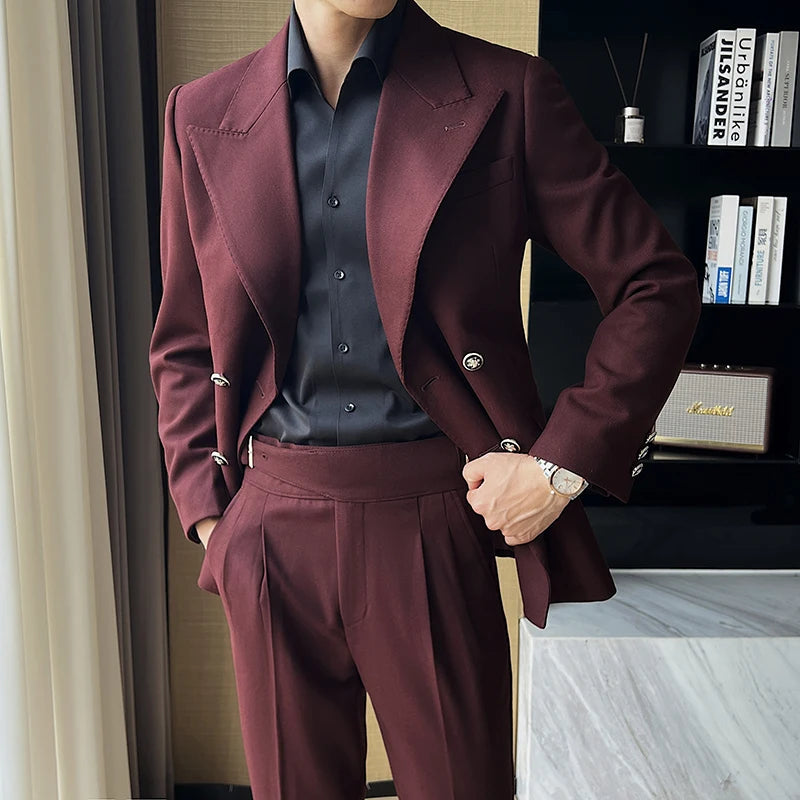 (Jackets+Pant)Fashion Double Breasted Design Men Suit Italian Style Luxury Elegant Business Social Wedding Dress Thick Suit 2Pcs