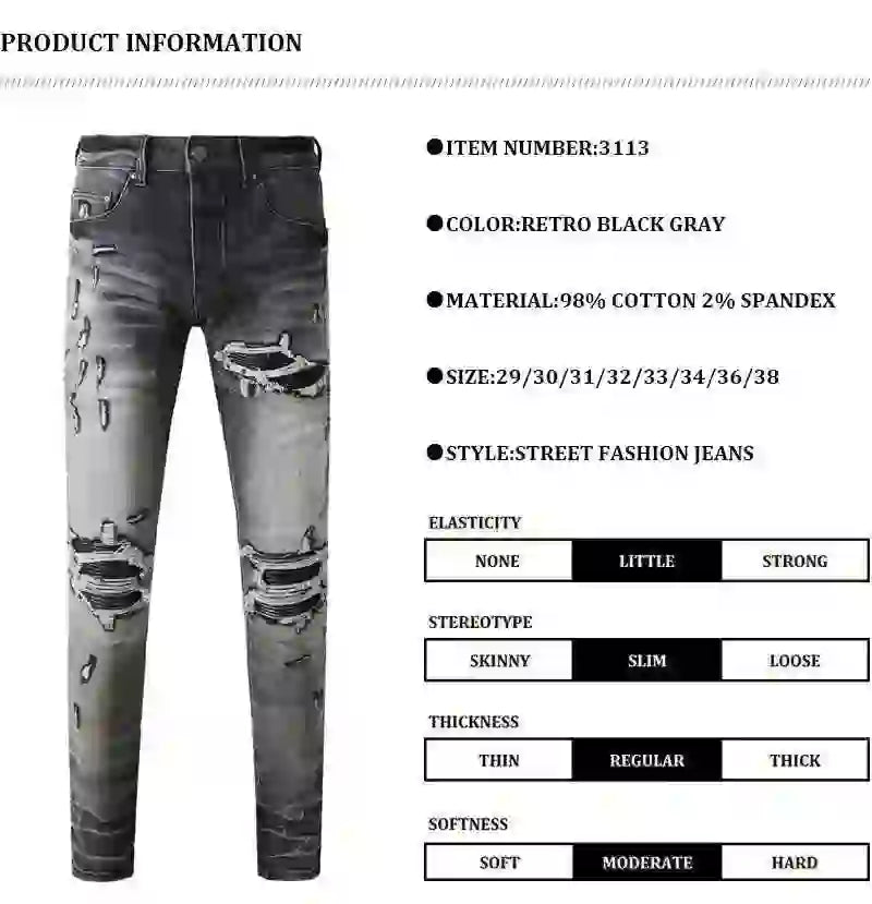 Designer fashion new denim jeans with stretch, slim fit, perforated, red patch washed, nostalgic black gray jeans, high street h