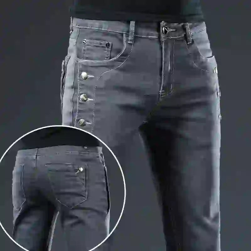 Slim Skinny Jeans Herr Nya Elastiska Koreanska Design Mode Flerknapps B