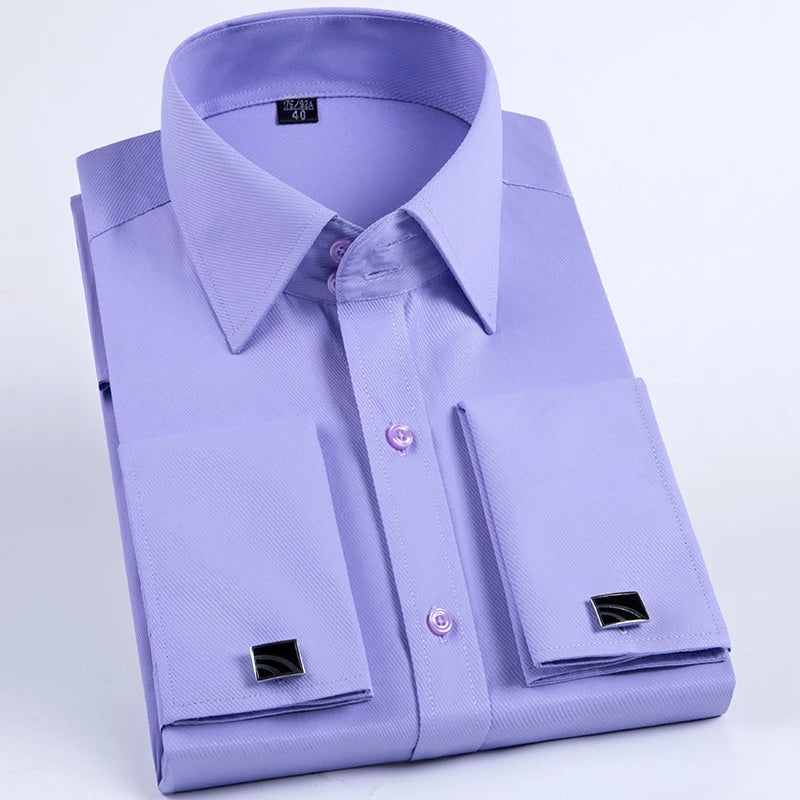 Men's French Cuff Dress Shirt Long Sleeve Slim Fit Tuxedo Shirts with Cufflinks Poly/Cotton Double Button Collar