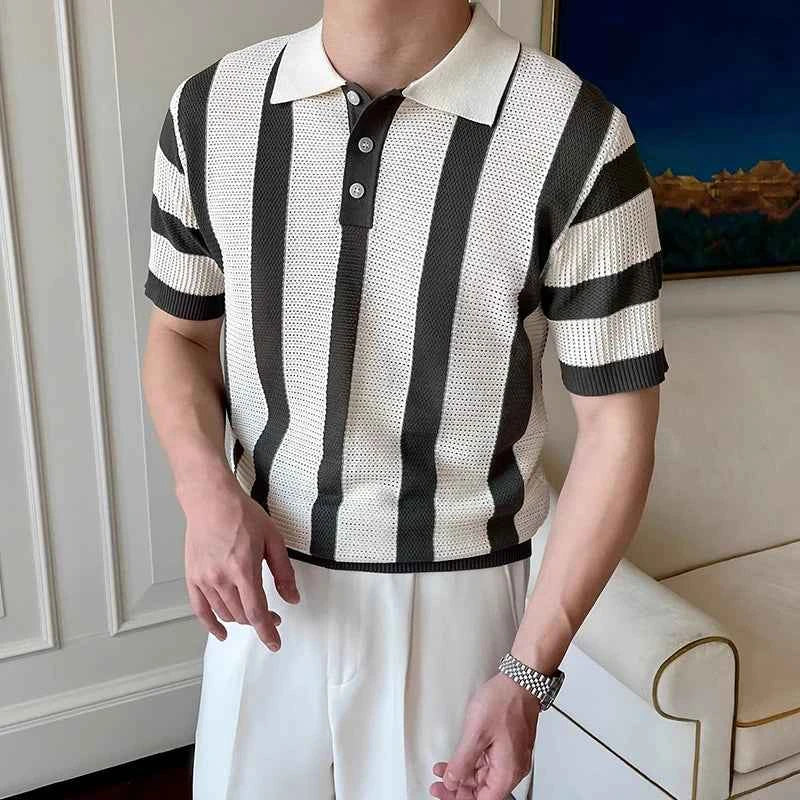 Stylish Mens Slim Short Sleeve Polo Shirts Knitting Striped Contrast Color Polo T Shirt For Men Summer New Casual Buttoned Polos