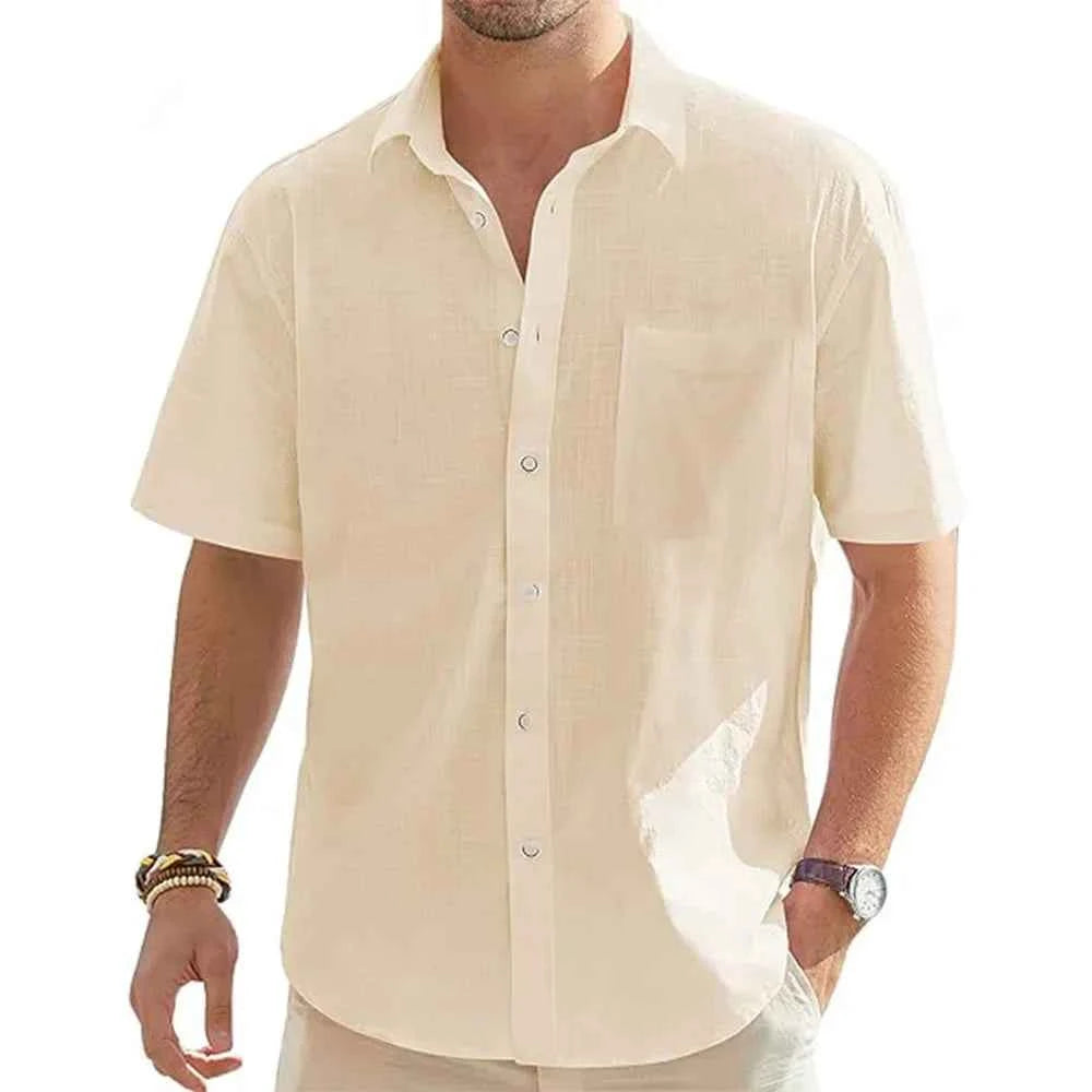 New Men's Shirts Cotton Linen Short-sleeved Single-breasted Shirts Men's Holiday Beach Shirts Streetwear Solid Colour Tops