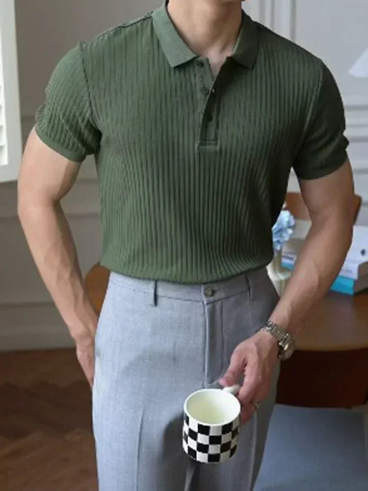 Summer Men's Clothing Retro Knit Lapel Striped Polo Shirt Solid Color