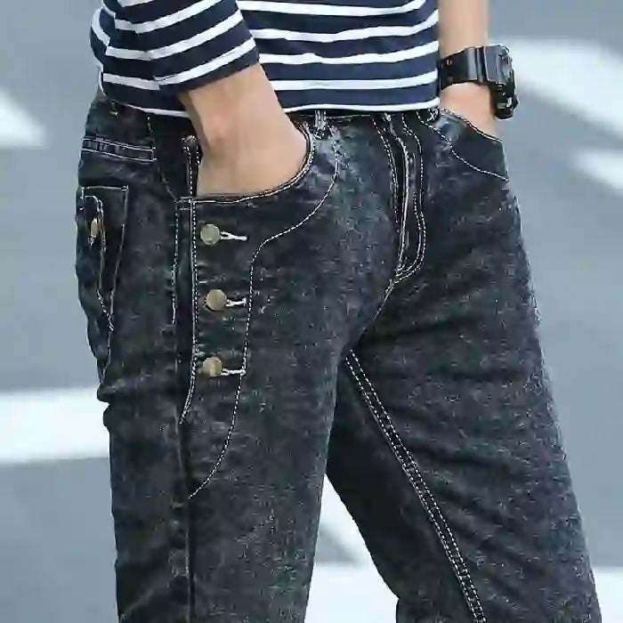 Slim Skinny Jeans Herr Nya Elastiska Koreanska Design Mode Flerknapps B