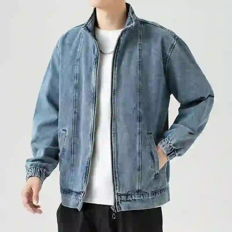 Men's Denim Jacket Biker Aesthetic Zip V Male Jean Coats Motorcycle De