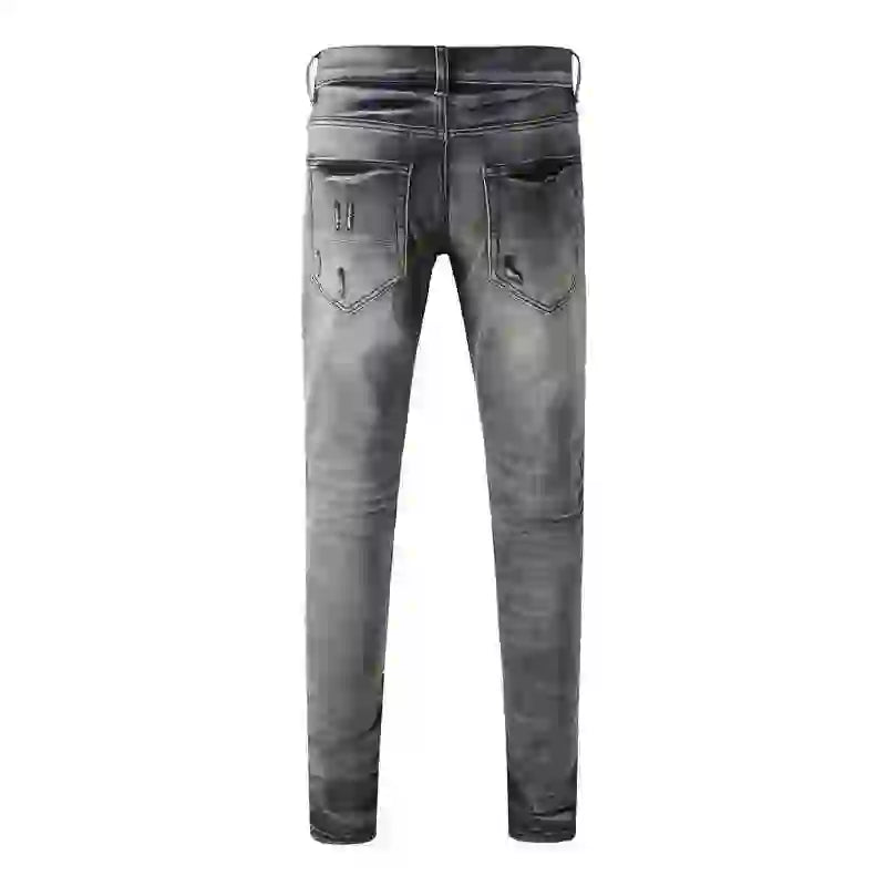 Designer fashion new denim jeans with stretch, slim fit, perforated, red patch washed, nostalgic black gray jeans, high street h