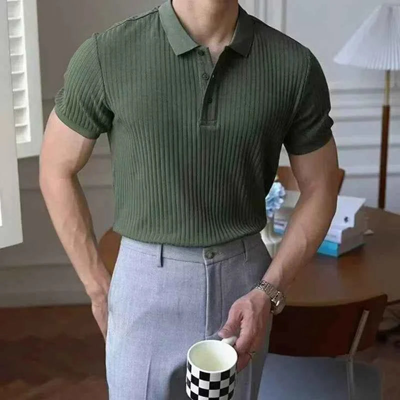 Summer Men's Clothing Retro Knit Lapel Striped Polo Shirt Solid Color Short Sleeve Fashion Light Luxury Popular Knitwear M-5XL