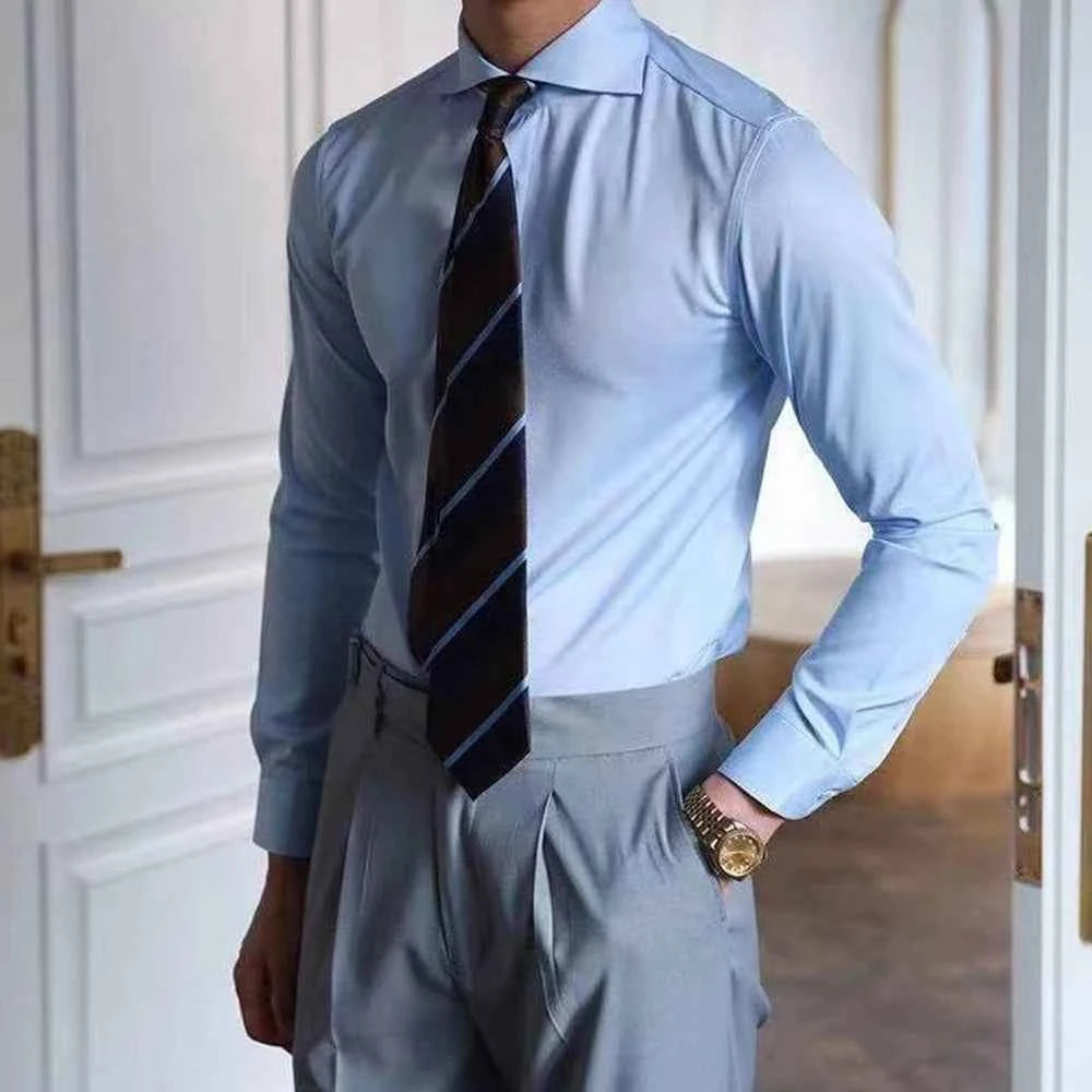 Mens Business Slim Casual Long-Sleeved Shirt 2025 Summer New Fashion Trend Solid Color Party Stage Formal Shirt Mens Clothing